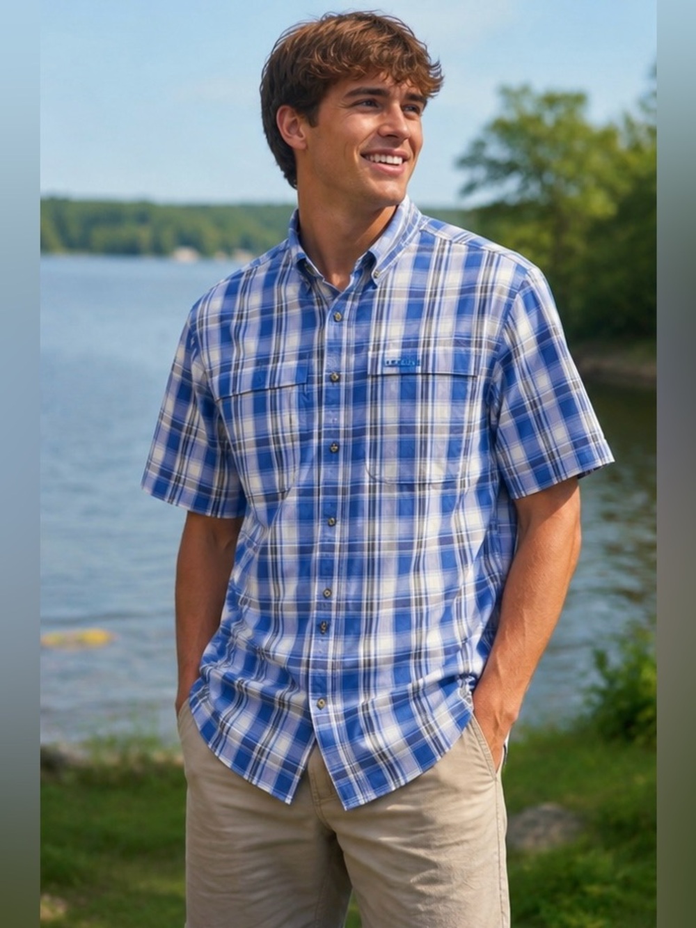 L.L. Bean SunSmart® Cool Weave Shirt Short-Sleeve Blue/White Plaid Men's Shirt